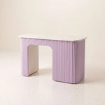 Close-up of Floota Premium Manicure Table with Rounded Corners, highlighting soft Blush Pink for a modern salon interior.
