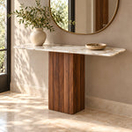 Gionilora Marble Console Table product photo showing veined top and paneled pedestal base in a clean studio setting.