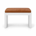 Harteslo Pedicure Footrest with a tan brown leather top, a slim white front rail and a white panel base on a white backdrop.