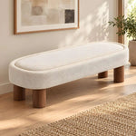 Close-up of Icory Cream Upholstered Bench, highlighting fabric & Engineered Wood for a closer look at the product design.