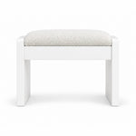 Ivory white fabric upholstery tops the Selandiso Pedicure Footrest, above a broad white apron and slab-style white legs.