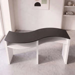 Silomy Black & White Curved Manicure Table product view showing curved worktop, open storage shelf, and spacious workspace.