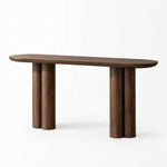 Aeromila Wooden Console Table product photo showing rounded tabletop in a clean studio setting in a modern home setting.