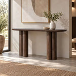 Second view of Aeromila Wooden Console Table, highlighting rounded tabletop, twin-leg base, and smooth curved edges.
