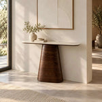 Close-up of Alosira Wooden Console Table, highlighting rounded tabletop and pedestal base for a modern entryway interior.