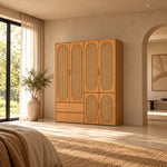 Alvarario 4 Door Wooden Cane Wardrobe combines a warm wood finish with rounded cane door inserts against a bedroom wall.