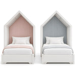 Alternate view of Aneliyo Kids Twin Bed with Nightstand, showing house-shaped headboard frame and pitched-roof design.