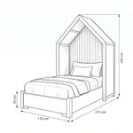 Aneliyo Kids Twin Bed with Nightstand measurement guide shows 215 L x 110 W x 140 H cm per bed for practical room planning.