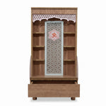 Product image of Anvaya Premium Wooden Finish Pooja Mandir with Om Panel, highlighting traditional Jali Arch with Om Motif.