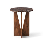 Alternate view of Apicko Marble Side Table, showing round top and dark brown marble-look appearance in a modern home setting.