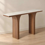 Archuvera Marble Console Table featuring white marble-effect tabletop in a clear product photograph in a modern home setting.