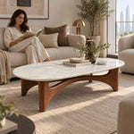 Arrovina White Marble Coffee Table product view showing elongated rounded tabletop with its construction clearly visible.