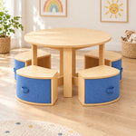Avestolra Kids Table with 4 Storage Stools, showing a round wooden tabletop and four nesting stools beside a playroom window.
