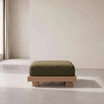 Alternate product view of Aylo Olive Green Ottoman, featuring plush cushioning, square profile, and sturdy wooden platform.