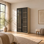 Balomora 2 Door Transparent Glass Cabinet Storage pairs a neutral outer case with smoked-glass panels in a furnished bedroom.