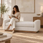 Close-up of Bellinora Cream Upholstered Bench, highlighting cushioned upholstered seat for a modern entryway interior.
