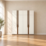 Bestylora 4 Door Wooden Wardrobe: light full-height doors, upper cupboards and taupe vertical strips in a sunlit bedroom.