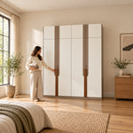 Bestylora 4 Door Wooden Wardrobe, taupe vertical strips and upper cupboards, with a woman standing beside the cabinet.