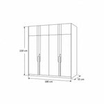 Bestylora 4 Door Wooden Wardrobe drawing with light full-height doors, labelled 180 cm wide, 55 cm deep and 220 cm high.
