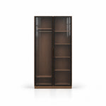 Bestylora Glass Storage Cabinet shown with dark-framed reeded glass, slim vertical handles and visible interior shelves.