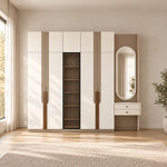 Bestylora 4 Door Wooden Wardrobe with Dressing Table pairs cream cabinet doors with two vanity drawers in a sunlit bedroom.