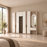Bestylora 4 Door Wooden Wardrobe with Dressing Table, showing two vanity drawers and cream cabinet doors in a sunlit bedroom.