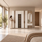 Bestylora 4 Door Wooden Wardrobe with Dressing Table with a woman standing beside the cabinet, showing two vanity drawers.