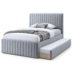 Bexylona Grey Kids Trundle Bed shown with channelled grey upholstery, a matching footboard and a padded panel headboard.