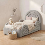 Boaty Grey Kids Single Bed product view showing padded arched headboard, rounded side rails, and decorative spiral details.