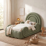 Boaty Green Kids Single Bed product view showing rounded arch headboard and cushioned side panels in a modern home setting.