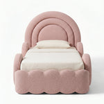 Close-up of Boaty Blush Pink Kids Single Bed, highlighting curved headboard, rounded side details & scalloped footboard.