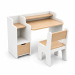Boorlona White Kids Study Desk with Chair displays a lower wood-front drawer together with a matching panel-leg chair.