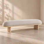 Calmovy Beige Upholstered Bench product photo showing soft cushioned seat and rounded profile in a clean studio setting.