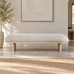 Alternate product view of Calmovy Beige Upholstered Bench, featuring soft cushioned seat, rounded profile, and wooden base.