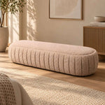 Alternate product view of Carzola Pink Upholstered Bench, featuring plush cushioning, rounded edges, and textured upholstery.