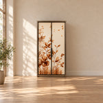 Cazinovy 2 Door Wooden Wardrobe featuring cream door panels alongside warm floral illustrations beside a bedroom window.