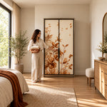 Cazinovy 2 Door Wooden Wardrobe, botanical door artwork and cream door panels, with a woman at the front of the wardrobe.