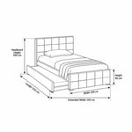 Cemaliso Dusty Pink Kids Trundle Bed: 210 × 100 × 100 cm, with a matching padded footboard outlined in the size diagram.