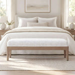 Chelsaria Cream Upholstered Wooden Bench product view showing padded upholstered seat for room layout and styling ideas.