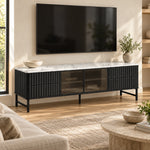 Chestiko White Marble Top TV Unit, with fluted black drawers and straight cabinet edges beside living room seating.