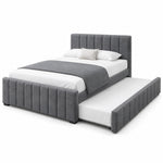 Chikilora Dark Grey Kids Trundle Bed: an extended side trundle, a channelled footboard and vertical padded channels.