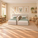 Alternate product view of Clarosina Beige Kids Twin Bed with Divider Shelf, featuring rounded upholstered headboards.