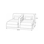 Clarosina Beige Kids Twin Bed with Divider Shelf measurement guide shows 220 W x 210 L x 85 H cm for practical room planning.