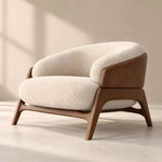 Colmanso Beige Accent Chair with Wooden Frame featuring rounded upholstered back and arms in a clear product photograph.
