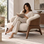 Close-up of Colmanso Beige Accent Chair with Wooden Frame, highlighting deep cushioned seat in a balanced home interior.