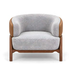 Alternate view of Covondra Grey Accent Chair with Wooden Frame, showing curved wraparound backrest and deep cushioned seat.
