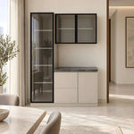 Cozno Wooden Crockery Storage Cabinet product view showing tall glass-front display cabinet in a balanced home interior.