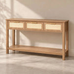 Crosaty Wooden Console Table product photo showing three drawers and woven cane-front panels in a clean studio setting.