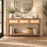 Close-up of Crosaty Wooden Console Table, highlighting woven cane-front panels with the finish and form clearly visible.