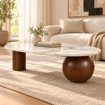 Close-up of Daslovita Marble Coffee Table, highlighting sculptural mixed supports with its construction clearly visible.